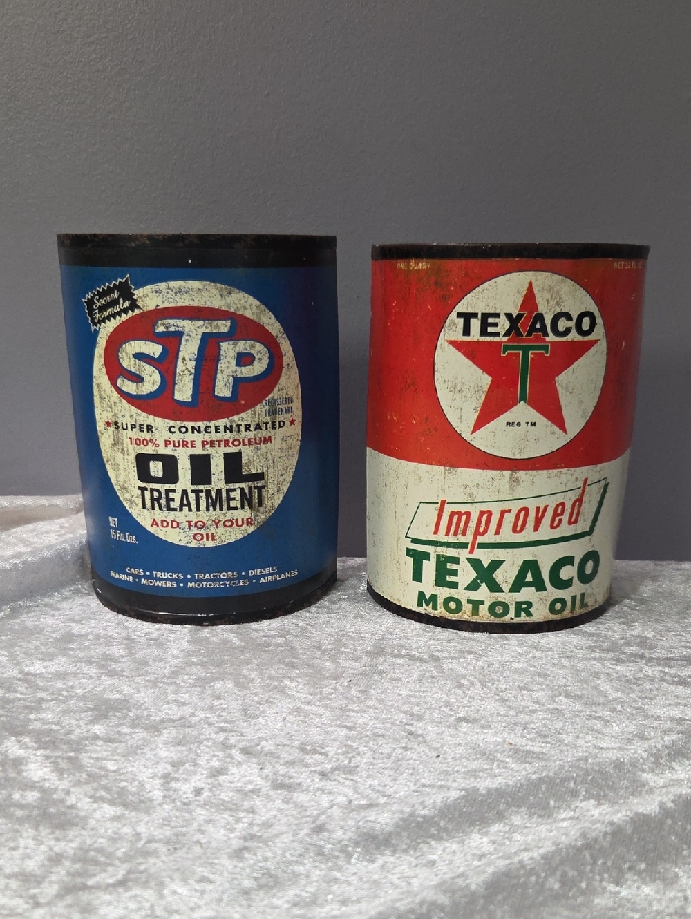 Open Road Brands Vintage STP Blue & Texaco Red Motor Oil Cans